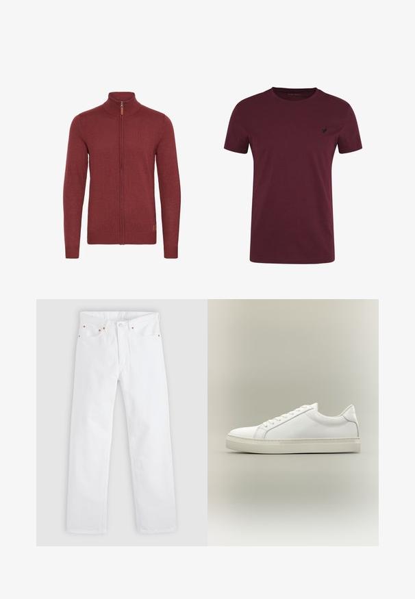 Rode ritsvest met een hoge kraag, geribde manchetten en zoom. Gebreide textuur, met een kleine leren accent bij de rits.; Bordeaux T-shirt van katoen, met een ronde hals, korte mouwen en een klein zwart logo op de linkerkant van de borst. Gladde textuur, standaard pasvorm.; Witte rechte jeans met vijfzakkenontwerp, knoop- en ritssluiting, en koperen klinknageldetails op de zakken.; Witte lage sneaker met veters aan de voorkant en dikke zool, zijaanzicht tegen een neutrale achtergrond.