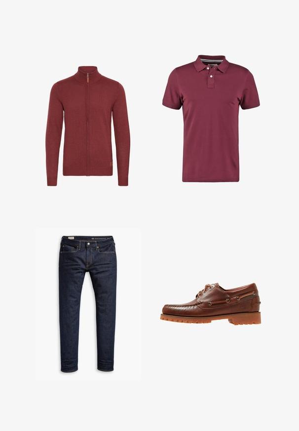 Rode ritsvest met een hoge kraag, geribde manchetten en zoom. Gebreide textuur, met een kleine leren accent bij de rits.; Bordeaux polo shirt van katoen, met een twee-knopen plak, korte mouwen en een gestreepte kraagaccent. Gladde textuur.; Donkerblauwe denim jeans met een slim fit, uitgerust met oranje stiksels, een vijf-pocket ontwerp en metalen hardware. Glad materiaal, zonder patronen.; Sebago ACADIA - Bootschoenen - brown cinnamon