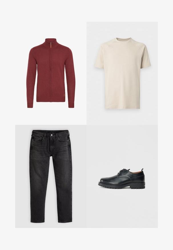 Rode ritsvest met een hoge kraag, geribde manchetten en zoom. Gebreide textuur, met een kleine leren accent bij de rits.; Beige T-shirt met korte mouwen en ronde hals met raglanmouwen, effen en van gladde stof.; Zwarte slim-fit spijkerbroek met vijf zakken, riemlussen en een vooraan geplaatste knoop- en ritssluiting, plat neergelegd op een lichte achtergrond.; Zwarte leren derby schoenen met een gladde textuur, ronde neus, vetersluiting en een dikke, robuuste rubberen zool.