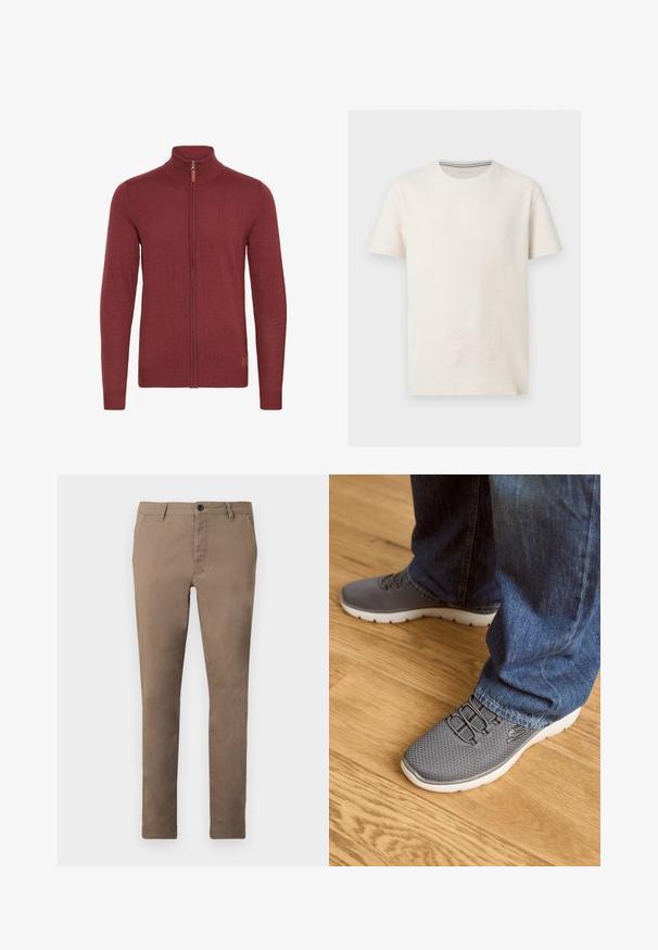 Rød zip-up sweater med høj krave, ribbede manchetter og kant. Strikket tekstur med et lille læderaccent nær lynlåsen.; Kortærmet off-white tekstureret bomulds t-shirt med rund halsudskæring og diskret logo på venstre bryst, vist på grå baggrund.; Brune, slim-fit herrebukser med forreste knap- og lynlåslukning, bæltestropper og sidelommer, vist fladt på en hvid baggrund.; Grå løbesko med mesh-overdel, hvid sål og elastiske snørebånd. Parret med blå denimjeans, på et trægulv.