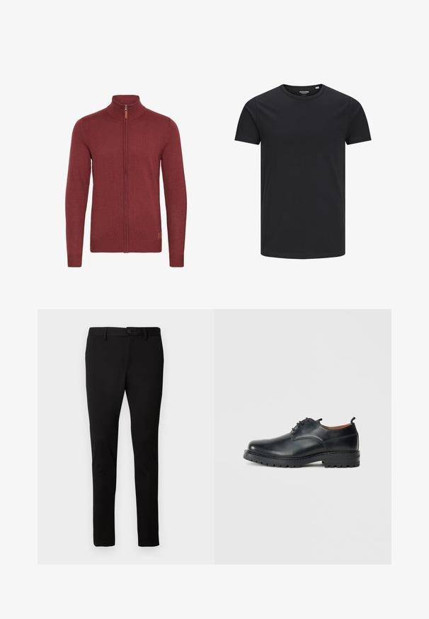 Rød zip-up sweater med høj krave, ribbede manchetter og kant. Strikket tekstur med et lille læderaccent nær lynlåsen.; Sort bomulds T-shirt med rund hals, korte ærmer og et enkelt design. Glat tekstur, ingen mønstre eller synligt tilbehør.; Sorte bukser lavet af strækbart stof med et klassisk design, lige ben, forlommer og en enkelt knaplukning i taljen.; Sorte læder derby-sko med en glat overflade, rund tå, snøre-design og en tyk, robust gummisål.