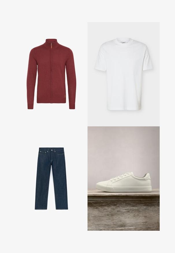 Suéter rojo con cremallera y cuello alto, con puños y dobladillo acanalados. Textura de punto, presenta un pequeño acento de cuero cerca de la cremallera.; Camiseta blanca lisa de manga corta con cuello redondo y una etiqueta dentro del cuello que muestra "Marc O’Polo DENIM".; Jeans de mezclilla azul oscuro con diseño de pierna recta. Incluyen bolsillos frontales, herrajes metálicos y costuras en contraste.; Zapatilla blanca con cordones flotando sobre un banco de madera con follaje verde al fondo, mostrando el diseño y la textura del zapato.