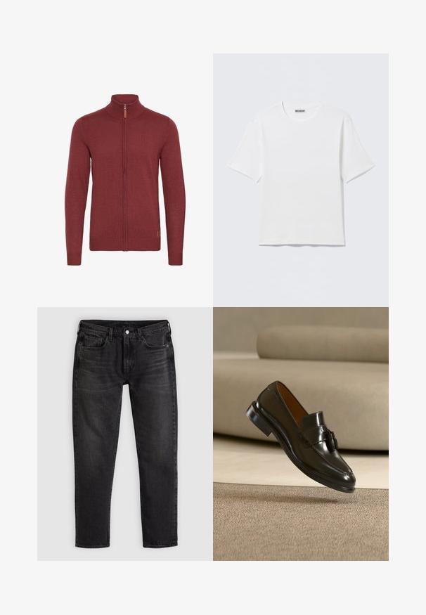Rød zip-up sweater med høj krave, ribbede manchetter og kant. Strikket tekstur med et lille læderaccent nær lynlåsen.; Hvid, kortærmet t-shirt med rund hals og et lille "WEEKDAY"-mærke på indersiden af bagkraven, vist på en flad overflade.; Sorte slim-fit denimjeans med fem lommer, bæltestropper og lukning med knap og lynlås foran, lagt fladt på en lys baggrund.; Sort læder tasselloafer flydende over beige tæppe med en beige sofa i baggrunden.