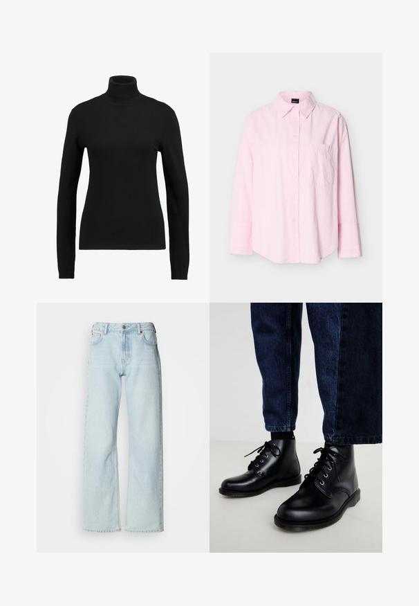 Pull à col roulant noir en tissu tricoté lisse. Dispose de manches longues et d'une coupe ajustée, avec des accents côtelés au niveau du col et de l'ourlet.; Chemise rose pâle à manches longues avec boutons, col et une seule poche poitrine, présentée sur un fond uni.; Jean bleu clair à jambes larges en denim. Comprend un design classique à cinq poches, des passants pour ceinture et une fermeture par bouton. Texture légèrement délavée.; Bottes en cuir noir montant à la cheville, à bout rond, avec un design à lacets, œillets argentés et semelles texturées, portées avec un jean denim bleu foncé.