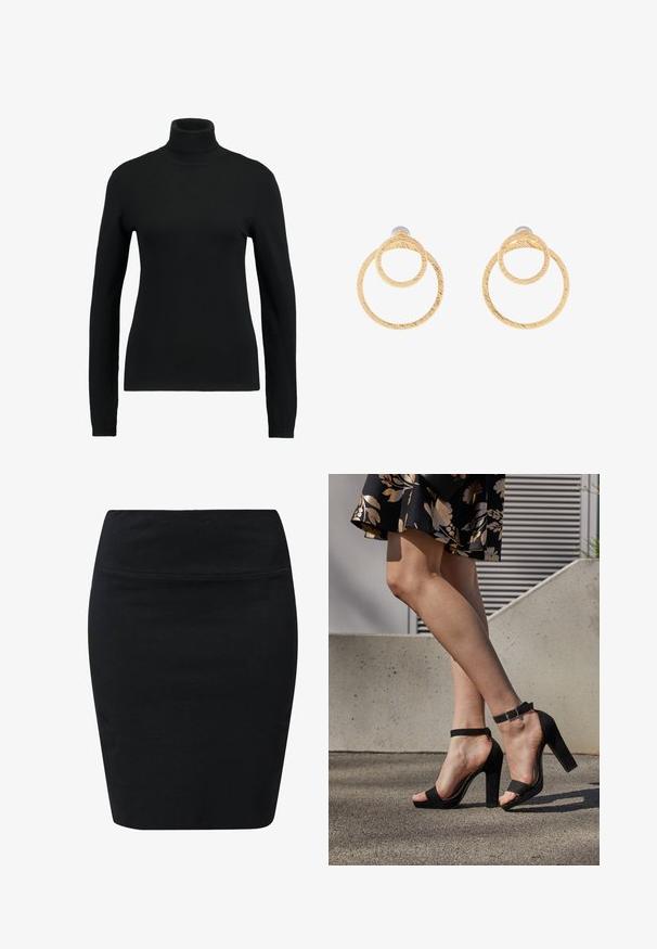 Suéter negro de cuello alto hecho de una tela de punto suave. Presenta mangas largas y un diseño ajustado, con acentos de canalé en el cuello y el dobladillo.; Falda lápiz negra hecha de tela elástica. Presenta un diseño suave y ceñido con una cintura alta y sin cierres ni costuras visibles.; Sandalias de tacón alto de ante negro con una correa en el tobillo y hebilla, diseño de punta abierta y tacón ancho. Textura suave y estilo minimalista.; Pendientes de aro en tono dorado que presentan dos círculos entrelazados con un acabado texturizado. Diseñados con un respaldo liso y seguro.
