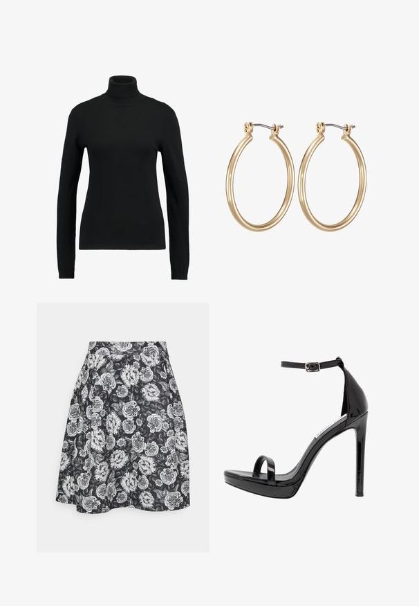 Musthave musternokaga, mis on valmistatud siledast kudumist. Omab pikki varrukaid ja figuurijoonelist lõiget, millel on soonikkoes kaelus ja alläär.; Anna Field Petite A-lõikeline seelik - black/white; Steve Madden MILANO - Kõrge kontsaga sandaalid - black; Kuldsed metallist rõngaskõrvarõngad sujuva ringikujulise disainiga ja kindla hingedega sulgemisega. Kerged ja poleeritud viimistlusega.