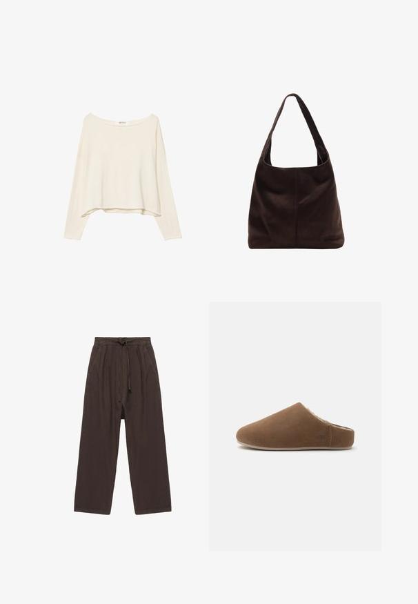 Lys beige cropped sweatshirt med bred halsudskæring, lange ærmer og et blødt, tekstureret stof. Har en afslappet, boxy pasform.; Mørkebrune bukser med brede ben, elastisk talje, bindebånd og sidelommer, lagt fladt på hvid baggrund.; Brun ruskind slip-on tøfler med blødt fores med lammeskind og flad sål, designet til indendørs komfort.; Brun ruskind skuldertaske med et bredt, fladt håndtag. Blød, ustruktureret design med en central søm. Ingen synlig hardware eller udsmykninger.
