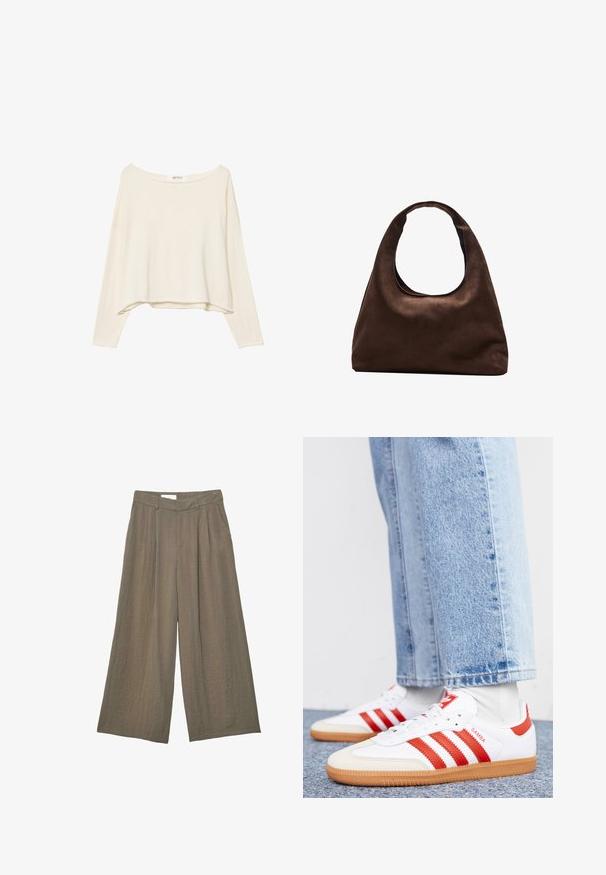 Sweatshirt court beige clair avec un large col, des manches longues et un tissu doux et texturé. Présente une coupe décontractée et carrée.; Pantalon large couleur taupe avec plis, passants de ceinture, poches latérales et taille haute, présenté sur fond blanc.; Baskets en cuir blanc avec des rayures et des accents rouges. Dotées d'une semelle extérieure en gomme texturée et d'un col rembourré. Portées avec un jean en denim bleu clair.; Sac à main en toile marron doux de style hobo avec une large sangle unique et une ouverture en haut arrondie, présenté sur un fond blanc.
