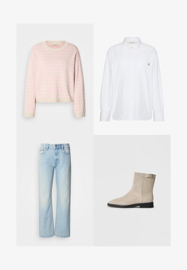 Pull couleur crème à rayures horizontales rose pâle, avec un col rond, des poignets côtelés et un ourlet court.; Chemise blanche à manches longues avec boutons, col pointu et petit écusson logo Calvin Klein sur la poche poitrine gauche.; Jeans à jambes larges bleu clair en denim, présentant un design classique à cinq poches et une texture légèrement décolorée. La couture en denim est visible.; Bottes en cuir beige à la cheville avec un bout pointu, semelle noire, talon bas et une sangle à boucle dorée sur le côté externe, présentées sur un fond blanc.