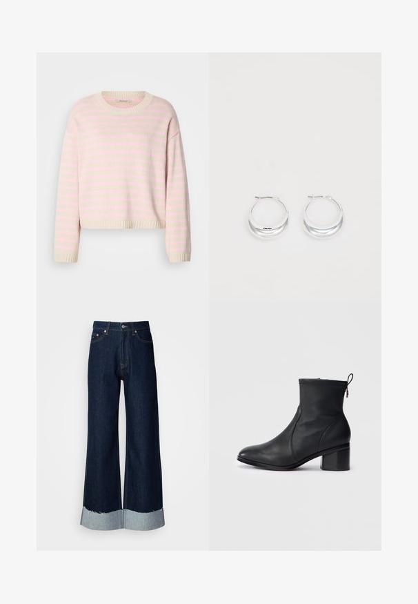 Pull couleur crème à rayures horizontales rose pâle, avec un col rond, des poignets côtelés et un ourlet court.; Jean en denim foncé à jambe large avec un ourlet effiloché en denim clair. Présente un style classique à cinq poches et des accessoires en métal à la taille.; Bottine en cuir noir au design épuré, à bout rond, avec des coutures texturées en haut et un talon bloc. Équipée d'une fermeture éclair et d'une tirette.; Boucles d'oreilles en argent avec une finition polie et un branding DKNY, présentées sur un fond blanc uni.