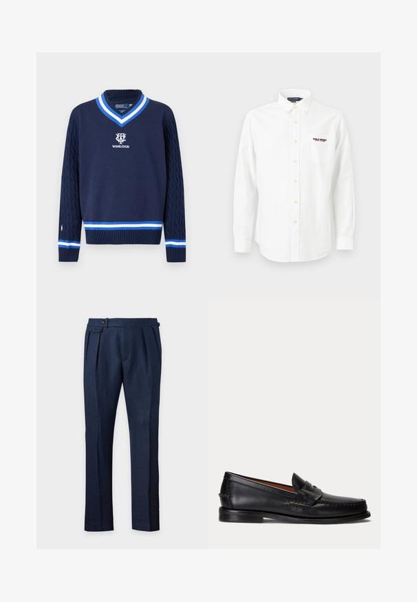 Pull bleu marine col V avec manches en maille torsadée, bordure rayée blanche et bleue, et logo de Wimbledon brodé sur la poitrine.; Chemise blanche à manches longues avec col, poche sur le côté gauche de la poitrine, et logo "Polo Sport Ralph Lauren" brodé au-dessus de la poche.; Pantalon bleu marine cintré avec plis sur le devant, patte boutonnée sur le côté de la ceinture et jambes droites.; Mocassin en cuir noir avec un petit talon et une bride penny, vu de côté sur un fond gris clair.