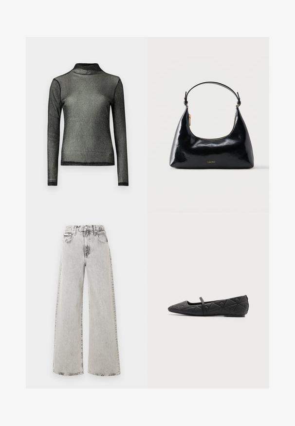 Haut à col roulé à manches longues noir en tissu transparent et scintillant ; coupe ajustée avec un col haut et un bord noir contrastant le long des contours.; Jean à jambes larges en denim gris clair, présentant un lavage délavé, des poches avant et une fermeture à bouton. Le design est décontracté et ample.; Chaussure plate noire à bout pointu avec motifs géométriques matelassés et une fine bride sur le cou-de-pied sur fond uni.; Sac à main Calvin Klein noir brillant avec fermeture éclair dorée et anse courte sur fond blanc uni.