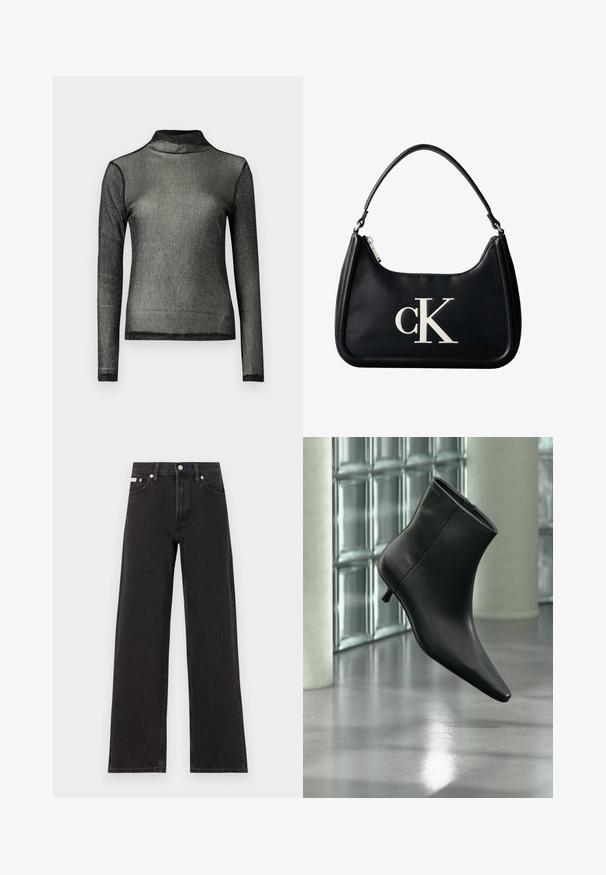 Haut à col roulé à manches longues noir en tissu transparent et scintillant ; coupe ajustée avec un col haut et un bord noir contrastant le long des contours.; Jeans noirs à jambes larges en denim, avec une taille haute, une coupe à cinq poches et une fermeture à bouton en métal avec des coutures contrastantes.; Bottine en cuir noir à bout pointu et petit talon kitten, présentée en angle devant un sol poli et un mur en blocs de verre.; Sac à bandoulière en cuir noir avec fermeture éclair argentée et logo "cK" blanc centré sur le devant.
