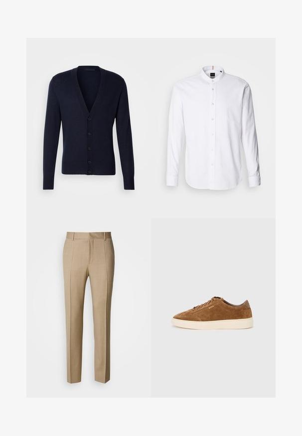 Marineblauer Cardigan mit V-Ausschnitt, gerippten Bündchen und Saum. Verfügt über sechs vordere Knöpfe und eine glatte Strickstruktur.; Weißes langärmliges Hemd mit Stehkragen, Knopfleiste und abgerundetem Saum. Aus Baumwolle gefertigt, mit einer glatten Textur und dezentem Glanz.; Beige maßgeschneiderte Hose mit strukturierter Stoffqualität, flacher Front und geraden Beinen. Verfügt über Seitentaschen und Gürtelschlaufen und bietet einen eleganten Look.; Brauner Wildleder-Sneaker mit abgerundeter Spitze, cremefarbener Gummisohle und tonalen Schnürsenkeln. Verfügt über ein eingeprägtes Logo an der Seite und eine glatte Rückseite.