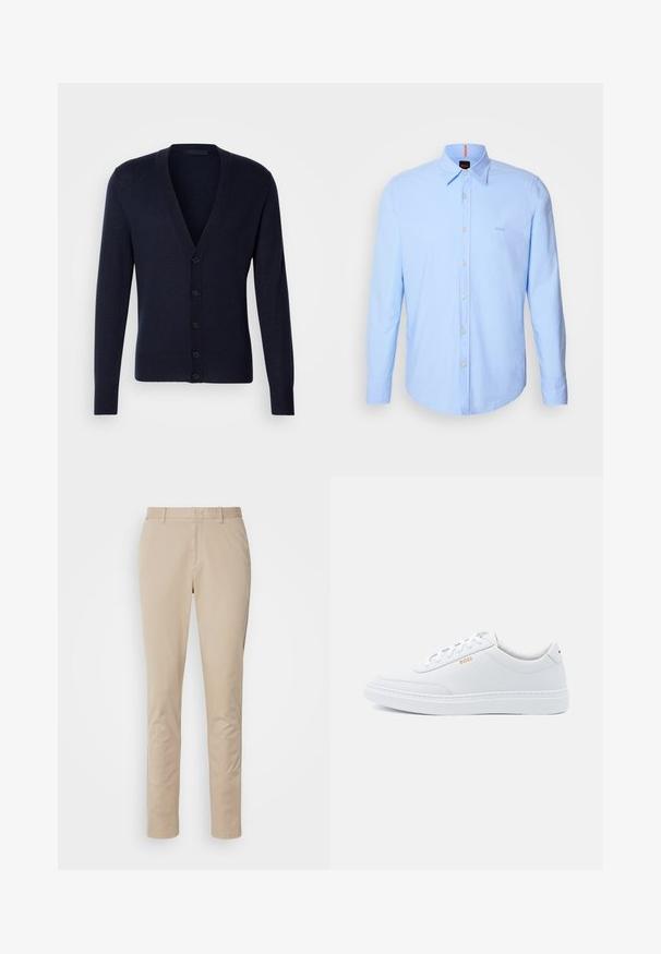Marineblauer Cardigan mit V-Ausschnitt, gerippten Bündchen und Saum. Verfügt über sechs vordere Knöpfe und eine glatte Strickstruktur.; Helles blaues Langarmhemd aus Baumwolle, mit einem Button-Down-Kragen, Knopfleiste und dezentem Logo-Stick auf der Brust.; Beige Baumwollhose mit geradem Beinschnitt, ausgestattet mit einem Reißverschluss, seitlichen Taschen und dezenten Steppnähten. Glatte Textur.; Weiße Leder-Sneaker mit glatter Textur, runder Zehenpartie und tonal abgestepptem Design. Mit blauen Schnürsenkeln und einem goldenen Logo an der Seite.