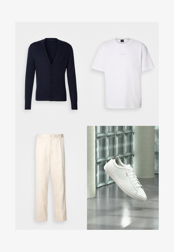 Cárdigan azul marino con escote en V, puños y dobladillo acanalados. Presenta seis botones en la parte delantera y una textura de punto suave.; Camiseta de algodón blanca de manga corta, con escote redondo y logotipo grabado de "BOSS" en el pecho. Textura suave, ajuste estándar.; Pantalones de algodón beige con corte recto, que cuentan con un cierre de botón y pliegues en la parte frontal para un detalle adicional.; Zapatilla deportiva de piel blanca de corte bajo con cordones, lengüeta negra en el talón y logo "BOSS", flotando en interiores cerca de una pared de bloques de vidrio y suelo pulido.
