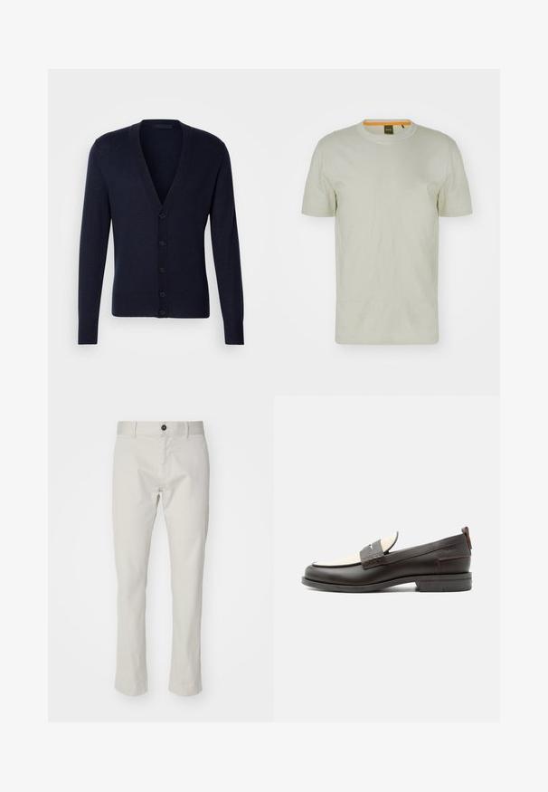 Cárdigan azul marino con escote en V, puños y dobladillo acanalados. Presenta seis botones en la parte delantera y una textura de punto suave.; Camiseta de manga corta verde claro hecha de un tejido suave, con cuello redondo y un logo sutil en el frente. Diseño simple con un mínimo de detalles.; Pantalones de algodón beige con un diseño de pierna recta, bolsillos delanteros, cierre de botón y una textura suave.; Mocasín para hombre de cuero marrón oscuro con panel de tela crema y detalle clásico de correa cosida, suela plana y asa en el talón.