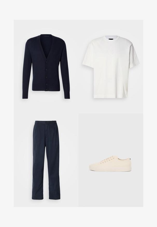 Cardigan bleu marine avec un col en V, des poignets et un ourlet côtelés. Présente six boutons sur le devant et une texture de tricot lisse.; T-shirt en coton blanc avec un col rond, des manches courtes et un logo circulaire en relief sur la poitrine gauche. Texture douce et coupe classique.; Pantalon bleu marine en mélange de coton. Présente une coupe droite, une fermeture à bouton sur le devant et de légères plis. Texture douce.; Baskets en toile beige avec bout arrondi, semelle en caoutchouc plate et lacets à l'avant. Présente un design minimaliste et un accent noir contrastant au niveau du talon.