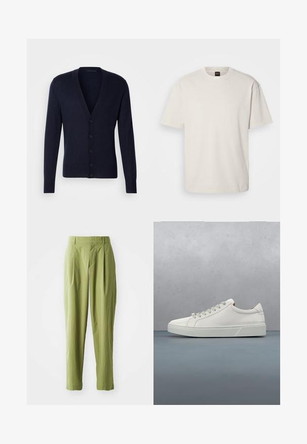 Cardigan bleu marine avec un col en V, des poignets et un ourlet côtelés. Présente six boutons sur le devant et une texture de tricot lisse.; T-shirt à manches courtes et col rond en coton blanc cassé, présentant une coupe droite et un marquage minimal sur le col. Texture douce, sans motifs.; Pantalons vert clair en tissu texturé, présentant une coupe droite, des plis à l'avant et une taille standard.; Baskets en cuir blanc avec un bout arrondi, design minimaliste, lacets gris et semelle en caoutchouc gris texturé. Détails de couture subtils visibles.