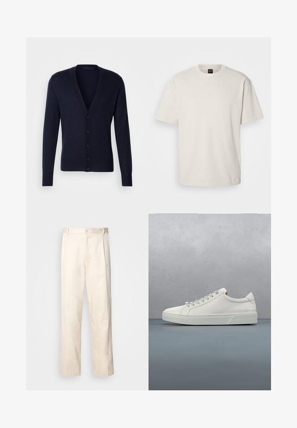 Cardigan bleu marine avec un col en V, des poignets et un ourlet côtelés. Présente six boutons sur le devant et une texture de tricot lisse.; T-shirt à manches courtes et col rond en coton blanc cassé, présentant une coupe droite et un marquage minimal sur le col. Texture douce, sans motifs.; Pantalon en coton beige avec une coupe droite, présentant une fermeture à bouton et des plis sur le devant pour plus de détails.; Baskets en cuir blanc avec un bout arrondi, design minimaliste, lacets gris et semelle en caoutchouc gris texturé. Détails de couture subtils visibles.