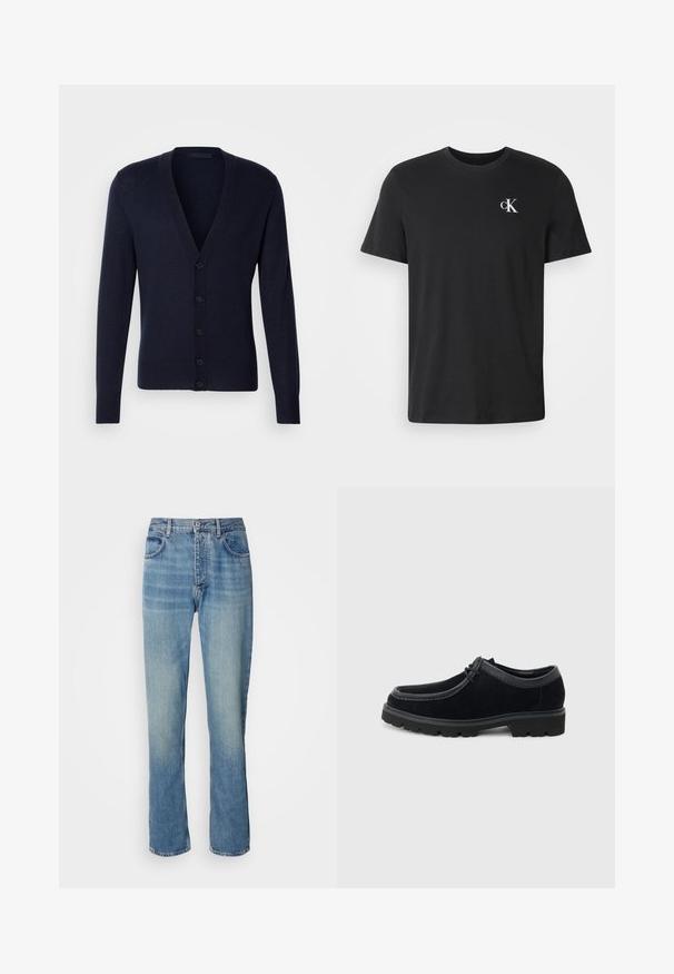 Marineblauer Cardigan mit V-Ausschnitt, gerippten Bündchen und Saum. Verfügt über sechs vordere Knöpfe und eine glatte Strickstruktur.; Schwarzes T-Shirt mit kurzen Ärmeln und Rundhalsausschnitt, mit kleinem weißem "cK"-Logo auf der oberen linken Brust.; Helle blaue, gerade geschnittene Denim-Jeans mit hoher Taille, vorderem Knopf, Reißverschluss und Fünf-Taschen-Design.; Schwarzer Schnürschuh aus Wildleder mit dicker Gummisohle und abgerundeter Spitze, seitlich auf hellem grauem Hintergrund gezeigt.