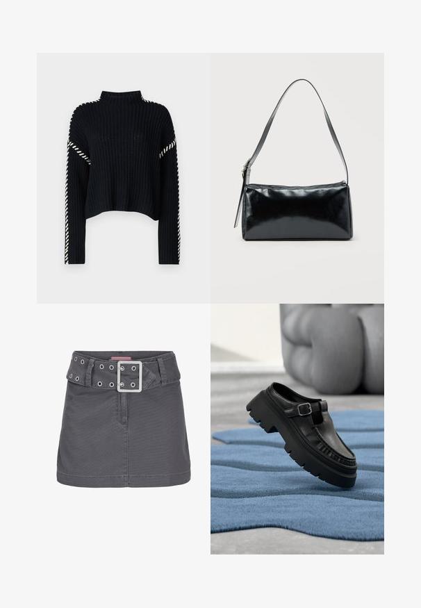Vero Moda VMNEWCREAM FUNNELNECK PULLOVER - Trui - black/birch; Grijze katoenen mini-jurk met een brede riem met zilveren oogjes en een vierkante metalen gesp, ontworpen met een schone, rechte silhouet.; Zwarte leren loafer met dikke grof profielzool en zilveren gesp, schuin geplaatst op een gestructureerd blauw vloerkleed.; Zwarte rechthoekige schoudertas met een enkele verstelbare band en een bovenste ritssluiting op een effen achtergrond.