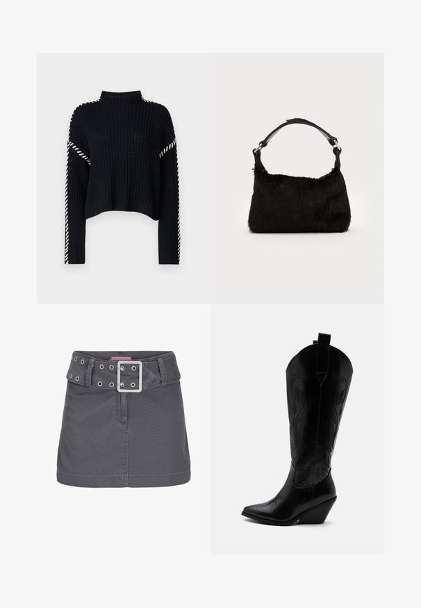 Vero Moda VMNEWCREAM FUNNELNECK PULLOVER - Trui - black/birch; Grijze katoenen mini-jurk met een brede riem met zilveren oogjes en een vierkante metalen gesp, ontworpen met een schone, rechte silhouet.; Zwarte leren cowboylaars met puntige neus, schuine blokhak, decoratieve stiksels en aantreklusjes bovenaan tegen een witte achtergrond.; Zwarte neplederen handtas met een zachte textuur, ronde vorm en een stevige zwartleren schouderband. Zilveren hardwareaccenten zichtbaar.