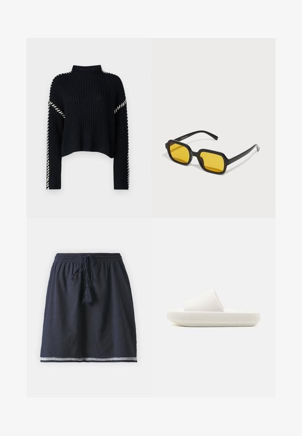 Vero Moda VMNEWCREAM FUNNELNECK PULLOVER - Pullover - black/birch; Jupe bleu marine avec une taille élastique et un cordon de serrage, dotée d'un tissu texturé et d'une bordure décorative blanche au niveau de l'ourlet.; Sandale blanche à semelle plate avec une sangle texturée et une semelle ronde et surélevée. Le matériau semble lisse et durable avec un motif subtil.; Lunettes de soleil rectangulaires noires avec des verres jaunes. Les caractéristiques incluent des montures épaisses et un design anguleux avec une finition lisse et brillante.