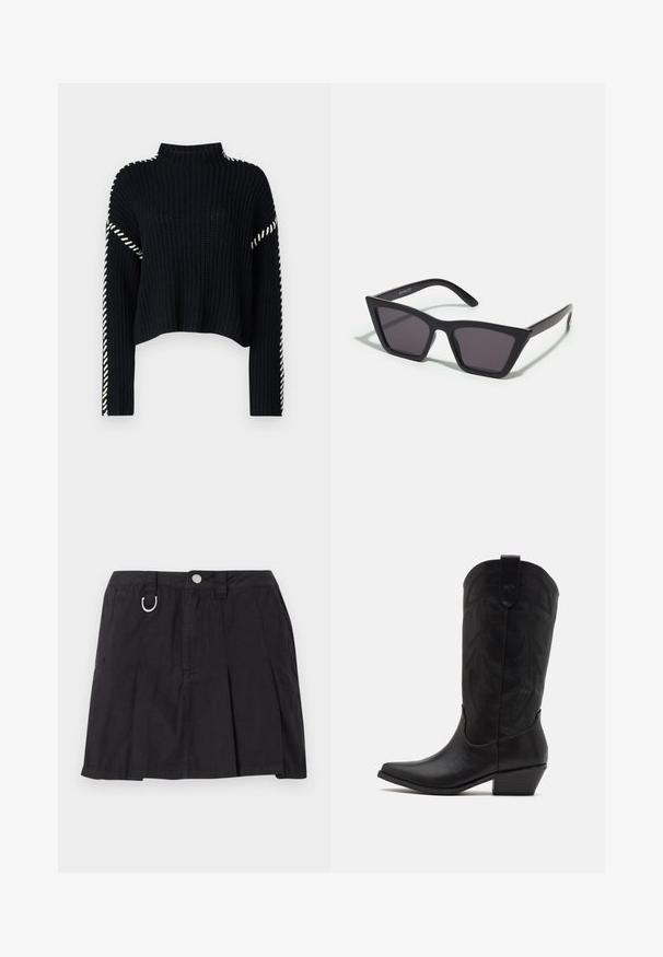 Vero Moda VMNEWCREAM FUNNELNECK PULLOVER - Svetrík - black/birch; Čierna plisovaná sukňa z bavlny, s predným zapínaním na gombíky, pútkami na opasok a D-krúžkovým detailom na páse.; Čierne kožené kovbojské čižmy s špicatou špičkou, nízkym stohovaným podpätkom a zložitým embosovaným vzorom listov na holeni. Očko na vrchu pre jednoduché obúvanie.; Čierne, ostré slnečné okuliare so sivými sklami; vyrobené z plastu, majú hrubé ramená s hladkým povrchom a bez viditeľnej mechaniky.