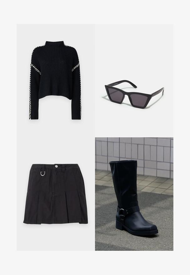 Vero Moda VMNEWCREAM FUNNELNECK PULLOVER - Svetrík - black/birch; Čierna plisovaná sukňa z bavlny, s predným zapínaním na gombíky, pútkami na opasok a D-krúžkovým detailom na páse.; Čierna kožená topánka po lýtko s nízkym blokovým podpätkom a dekoratívnym remienkom s kovovou prackou okolo členka, na dlaždenom chodníku.; Čierne, ostré slnečné okuliare so sivými sklami; vyrobené z plastu, majú hrubé ramená s hladkým povrchom a bez viditeľnej mechaniky.