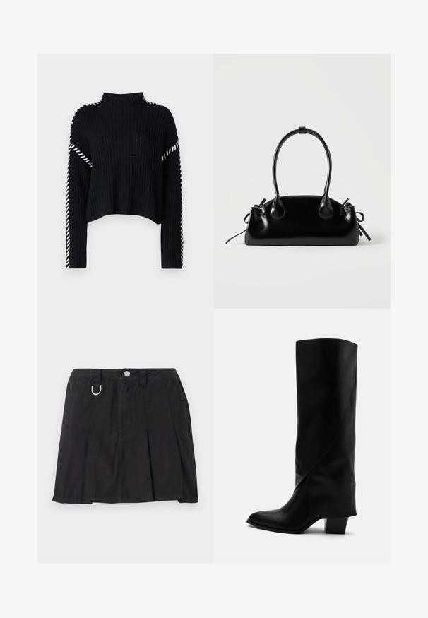 Vero Moda VMNEWCREAM FUNNELNECK PULLOVER - Striktrøje - black/birch; Sort plisseret nederdel lavet af bomuld, med frontknaplukning, bæltestropper og en D-ring detalje i taljen.; Høj sort læderstøvle med skråt syning, spids tå og kraftig mellemhøj hæl på hvid baggrund.; Lille sort blank håndtaske med to lange håndtag og snøre-detaljer i siden på en ensfarvet lys baggrund.