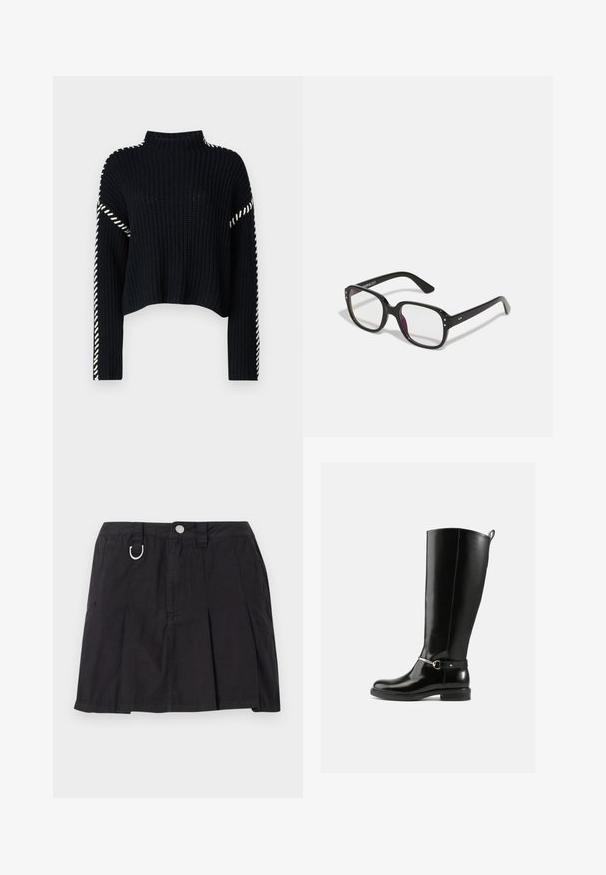 Vero Moda VMNEWCREAM FUNNELNECK PULLOVER - Striktrøje - black/birch; Sort plisseret nederdel lavet af bomuld, med frontknaplukning, bæltestropper og en D-ring detalje i taljen.; Sorte knæhøje støvler lavet af blankt læder med en sølvfarvet spænde ved anklen og rundet snude. Flad sål.; Sorte rektangulære briller med klare linser, der har afrundede kanter og sideaccenter, med en blank finish på stellet og arme.