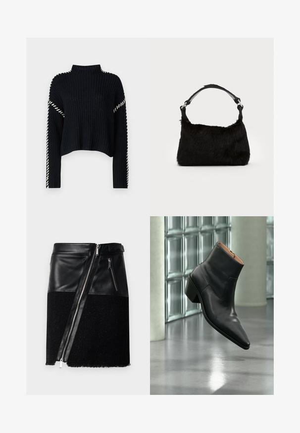 Vero Moda VMNEWCREAM FUNNELNECK PULLOVER - Trui - black/birch; Zwarte rok die leer en geweven stof combineert. Heeft een diagonale rits, twee zijzakken met rits en een geëffileerde zoom aan de onderkant.; Zwarte leren enkellaars met een spitse neus en blokhak die zweeft boven een reflecterende grijze vloer nabij een glazen blokmuur.; Zwarte neplederen handtas met een zachte textuur, ronde vorm en een stevige zwartleren schouderband. Zilveren hardwareaccenten zichtbaar.