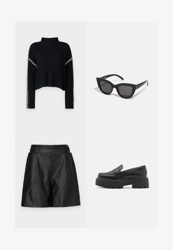 Vero Moda VMNEWCREAM FUNNELNECK PULLOVER - Svetrík - black/birch; Čierne šortky z faux kože s plisovaným predným dielom, širokými nohavicami a gombíkovými detailmi na páske. Hladká textúra, šitý dizajn.; Čierne kožené mokasíny s nízkou, robustnou gumovou podrážkou, prešívanými detailmi na vrchu a hladkou textúrou.; Čierne slnečné okuliare v štýle mačacích očí s matným povrchom, so šedými tónovanými sklami, ostrými hranami a elegantnými bokovými ramenami. Názov značky je viditeľný na vnútornom ramene.