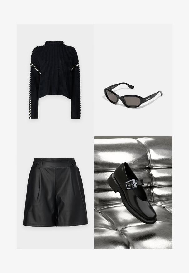 Vero Moda VMNEWCREAM FUNNELNECK PULLOVER - Trui - black/birch; Zwarte faux leren shorts met geplooide voorkant, brede pijpen en knoopdetails op de tailleband. Gladde textuur, op maat gemaakt ontwerp.; Zwarte leren Mary Jane-schoenen met een vierkante neus, een zilveren gesp accent en een chunky lage hak, tegen een glanzende zilveren achtergrond.; Zwarte zonnebril met een rechthoekig frame, donkere lenzen, gladde plastic materiaal en een metalen accent op de poot.