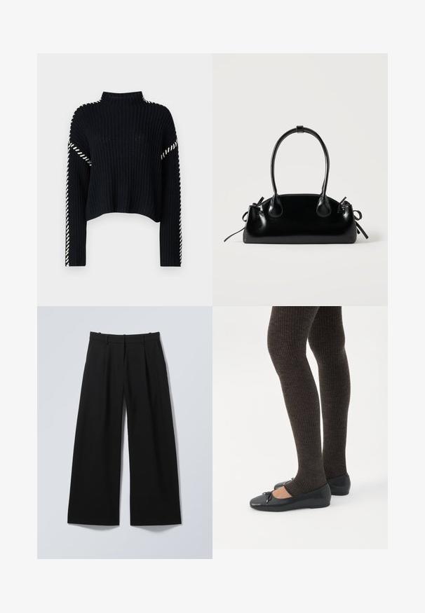 Vero Moda VMNEWCREAM FUNNELNECK PULLOVER - Trui - black/birch; Zwarte wijde broek met riemlussen, plooien aan de voorkant en zijzakken, plat uitgespreid op een lichte achtergrond.; Benen met donkere geribbelde leggings gecombineerd met zwarte ballerina's met kleine strikdetails op een witte achtergrond.; Kleine zwarte glanzende handtas met twee lange hengsels en zijkant trekkoord details op een effen lichte achtergrond.