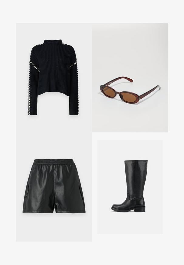 Vero Moda VMNEWCREAM FUNNELNECK PULLOVER - Striktrøje - black/birch; Sorte shorts i kunstlæder med elastisk talje, der har en glat tekstur og løs pasform. Ingen synlige mønstre eller detaljer.; Høj sort læderstøvle med lav blokhæl og rund tå, glat overdel med minimal syning på ensfarvet baggrund.; Runde, bruntonede solbriller med en glansfuld bordeauxramme. Slanke arme med diskret brandingdetalje. Flad linsedesign.