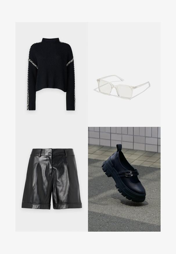 Vero Moda VMNEWCREAM FUNNELNECK PULLOVER - Svetrík - black/birch; Čierne kožené šortky s lesklým povrchom, prednými záhybmi a zvitým lemom. Elegantný dizajn s prispôsobeným pásom a minimálnym hardvérom.; Čierna robustná topánka Mary Jane s dvojitými striebornými prackami na textúrovanom povrchu blízko obloženej steny.; Priehľadné plastové okuliare s námestovými rámami a priehľadnými šošovkami, s kultivovanými zlatými akcentmi na spánkoch pre zvýraznenie detailov.