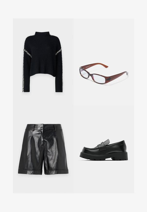 Vero Moda VMNEWCREAM FUNNELNECK PULLOVER - Trui - black/birch; Zwarte leren shorts met een glanzende afwerking, voorplooien en een opgerolde zoom. Strak ontwerp met een op maat gemaakte tailleband en minimale hardware.; Zwarte leren instappers met een chunky, gestructureerde zool, voorzien van een band over de voet en een gladde, gepolijste afwerking.; Bruin getinte rechthoekige brillen met een glanzende afwerking, met slanke pootjes en doorzichtige glazen. Logo zichtbaar op de linkertempel.