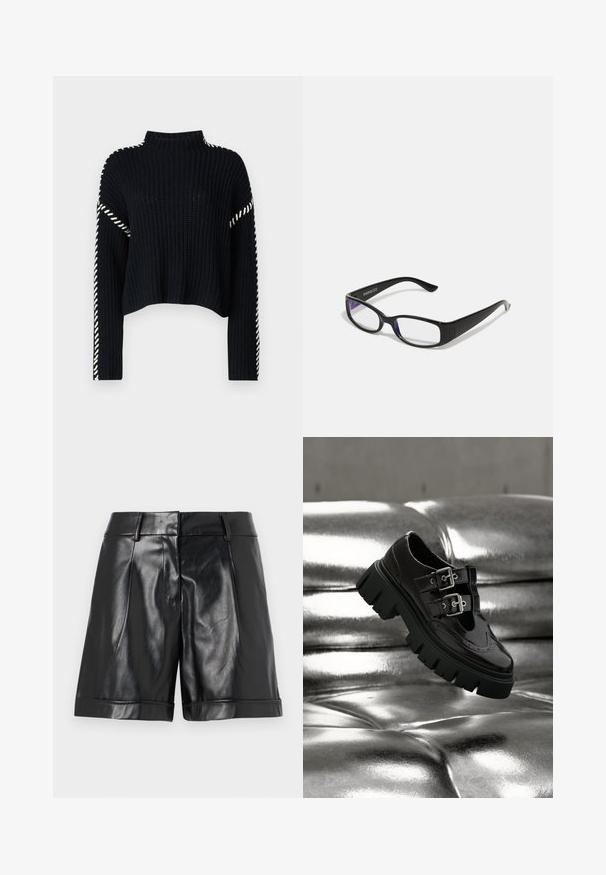Vero Moda VMNEWCREAM FUNNELNECK PULLOVER - Svetrík - black/birch; Čierne kožené šortky s lesklým povrchom, prednými záhybmi a zvitým lemom. Elegantný dizajn s prispôsobeným pásom a minimálnym hardvérom.; Čierna topánka s hrubou podrážkou a dvojitými striebornými prackami vznášajúca sa nad lesklým kovovým strieborným prešívaným povrchom.; Čierne obdĺžnikové okuliare s priehľadnými šošovkami. Lesklý povrch, úzke ramená a fialový nádych viditeľný na okrajoch šošoviek.