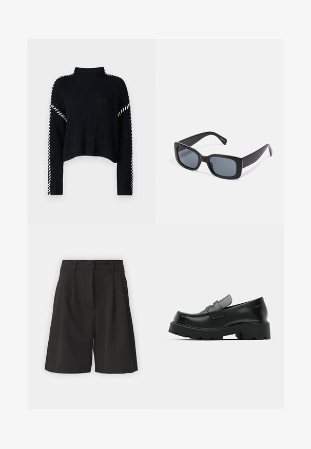 Vero Moda VMNEWCREAM FUNNELNECK PULLOVER - Trui - black/birch; Zwarte shorts met een op maat gemaakte ontwerping, voorzien van plooien aan de voorkant, een brede tailleband en een soepele textuur. Geen zichtbare zakken.; Zwarte leren instappers met een chunky, gestructureerde zool, voorzien van een band over de voet en een gladde, gepolijste afwerking.; Zwarte rechthoekige zonnebril met donkere getinte lenzen, een dik plastic montuur en brede scharnieren. Glad oppervlak en hoekig ontwerp.