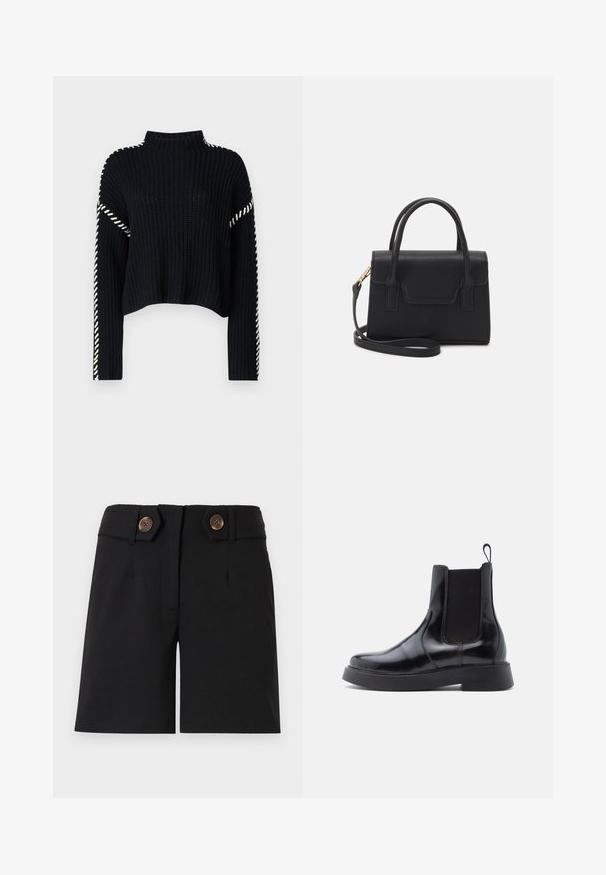 Vero Moda VMNEWCREAM FUNNELNECK PULLOVER - Striktrøje - black/birch; Sorte skræddersyede shorts med høj talje, to store brune knapper på sidelapperne og en syning foran.; Sort læder Chelsea-støvle med elastiske sidepaneler, rund tå og en kraftig sort sål. Glat overflade og pull-tab på hælen.; Sort struktureret håndtaske lavet af læder med et topgreb, aftagelig skulderrem og detalje med frontklap. Guldhardware accenter.