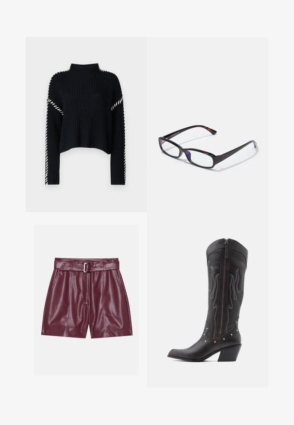 Vero Moda VMNEWCREAM FUNNELNECK PULLOVER - Trui - black/birch; Bordeaux neplederen shorts met een brede tailleband, een riem met een zilveren gesp en voorplooien voor een ontspannen silhouet.; Bruine leren cowboylaarzen met vlamstiksels, zijrits, zilveren studs, spits toelopende neus en gestapelde hak.; Rechthoekige bril met een schildpadpatroon, zwart kunststof montuur en transparante glazen. Voorzien van dunne pootjes en een lichte buiging aan de uiteinden.