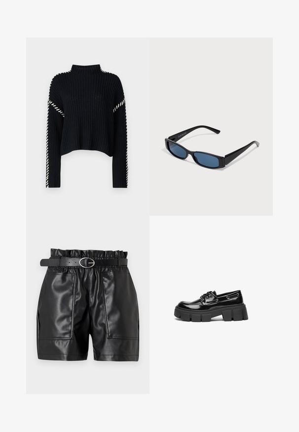 Vero Moda VMNEWCREAM FUNNELNECK PULLOVER - Striktrøje - black/birch; Sorte faux læder shorts med elastisk liv, en glat tekstur og to forlommer, suppleret med et smalt bælte med en sølvspænde.; Sort laker i patenteret læder med en kraftig sort platformsål og dekorative øjer. Glat tekstur med rund tå og snøredetalje.; Sorte solbriller med en slank rektangulær ramme og blå linser. Har en glat overflade og robuste stænger. Mærkets logo på siden.