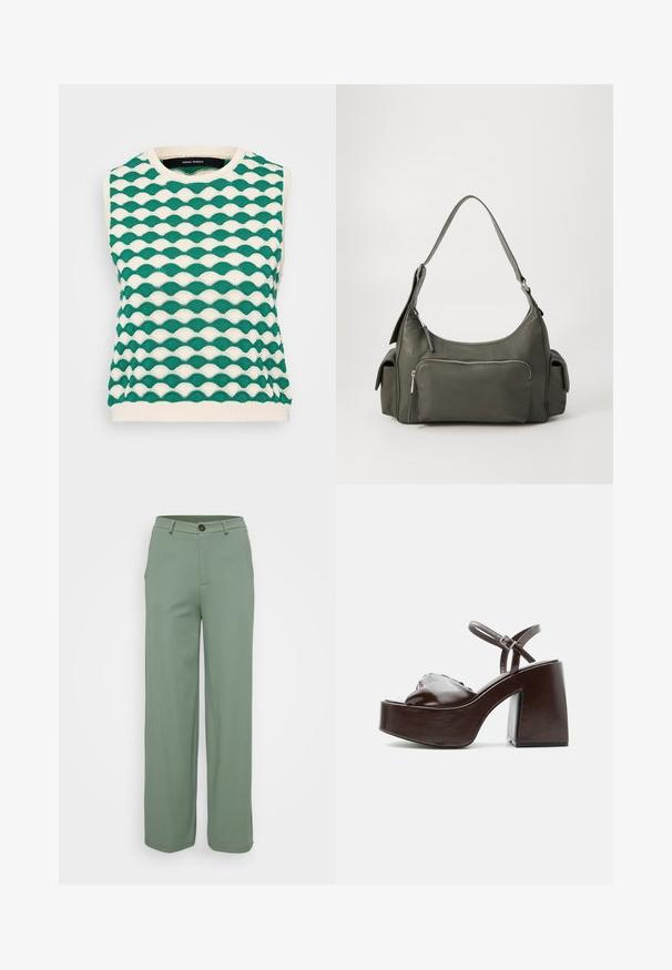 Pull sans manches tricoté présentant un motif ondulé en vert et crème. Encolure ronde avec ourlet côtelé et tissu texturé.; Pantalons à jambes larges en tissu vert clair avec une texture lisse. Dotés d'une fermeture à bouton sur le devant et de deux poches latérales.; Sandale plateforme en cuir marron foncé avec talon bloc épais, bout ouvert et bride réglable à la cheville avec boucle métallique.; Sac à épaule en cuir vert avec un design arrondi, poche zippée à l'avant et poches supplémentaires sur les côtés. Texture lisse et matériel minimal.