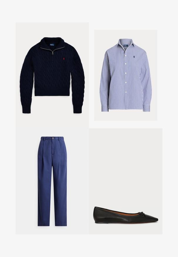 Námornícky modrý pletený sveter s polovičným zipsom na golieri a červeným vyšívaným logom Polo Ralph Lauren na hrudi.; Modro-biela košeľa s dlhým rukávom a vertikálnymi pruhmi, s golierom a malým vyšívaným logom na ľavej strane hrudníka.; Tmavomodré nohavice so smerovým strihom, s prednými záhybmi, zapínaním na gombík a hladkou bavlnenou tkaninou. Jednoduchý dizajn bez vzorov.; Čierne kožené balerínky s špicatou špičkou, štíhlym strihom a malou mašľou na prednej strane. Hladká textura a minimalistický dizajn.