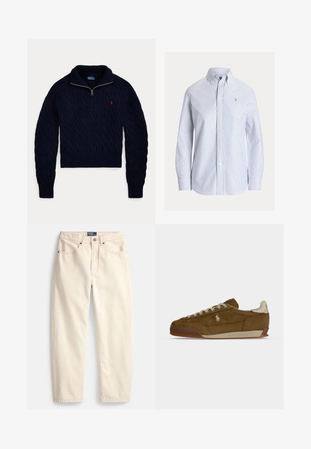 Donkerblauwe kabelgebreide trui met halve ritskraag en rood Polo Ralph Lauren-logo geborduurd op de borst.; Wit overhemd met verticale lichtblauwe strepen, knoopkraag en klein geborduurd logo op de linkerborst.; Spijkerbroeken in crèmekleur, gemaakt van denim, met een rechte pijpsnit, zakken aan de voorkant en een detail van bovenstiksels. Metalen knoop- en ritssluiting.; Bruine suède sneaker met crèmekleurige veters, dikke zool en een klein wit geborduurd logo aan de zijkant.