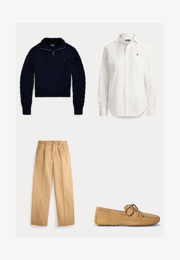Donkerblauwe kabelgebreide trui met halve ritskraag en rood Polo Ralph Lauren-logo geborduurd op de borst.; Witte blouse met lange mouwen, knopen, kraag en klein blauw logo van een polospeler op de linkerborst.; Beige rechte broek met knoop- en ritssluiting, voorzakken, riemlussen en geplooide persvouwen langs de pijpen.; Lichtbruine suède loafer met afgeronde neus, een leren veter gebonden in een strik en een rubberen zool met nopjes voor grip.