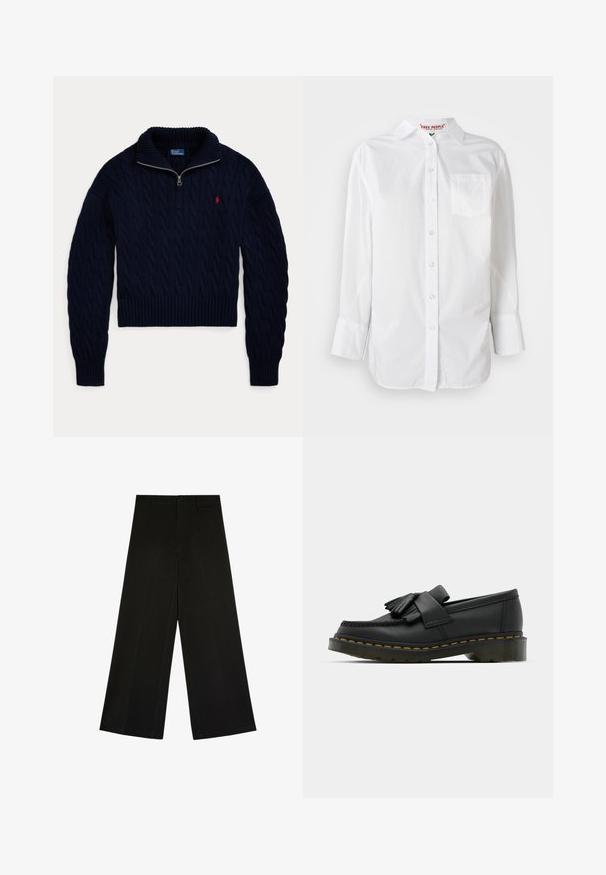 Mørkeblå kabelstrikket sweater med halvlange lynlås-krave og rød Polo Ralph Lauren-logo broderet på brystet.; Hvid langærmet skjorte med knapper og krave samt brystlomme, Præsenteret mod en ensfarvet baggrund.; Sorte bukser med brede ben, knap- og lynlåslukning, bæltestropper og frontfolder, lagt fladt på en hvid baggrund.; Sorte læder loafers med rund tå, der har frynse detaljer og et dekorativt bånd på tværs af fronten, sat på en kraftig hæl.