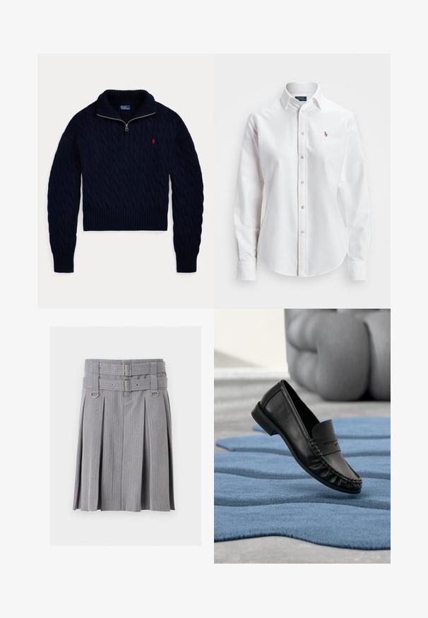 Mørkeblå kabelstrikket sweater med halvlange lynlås-krave og rød Polo Ralph Lauren-logo broderet på brystet.; Hvid langærmet skjorte med knapper lavet af bomuld, der har en klassisk krave og et lille broderet logo på brystet.; Grå plisseret nederdel med striber med dobbelt bælte og sølvspænder, med D-ring detaljer ved taljen.; Sort læderloafer flydende over et blåt tekstureret tæppe med en sløret grå sofa i baggrunden.